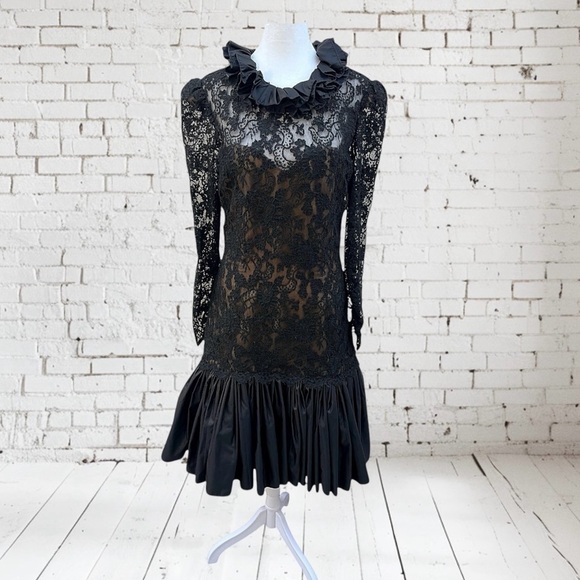 VINTAGE 70s VICTOR COSTA Couture Pleated Ruffle and Lace Midi Dress - Picture 2 of 14